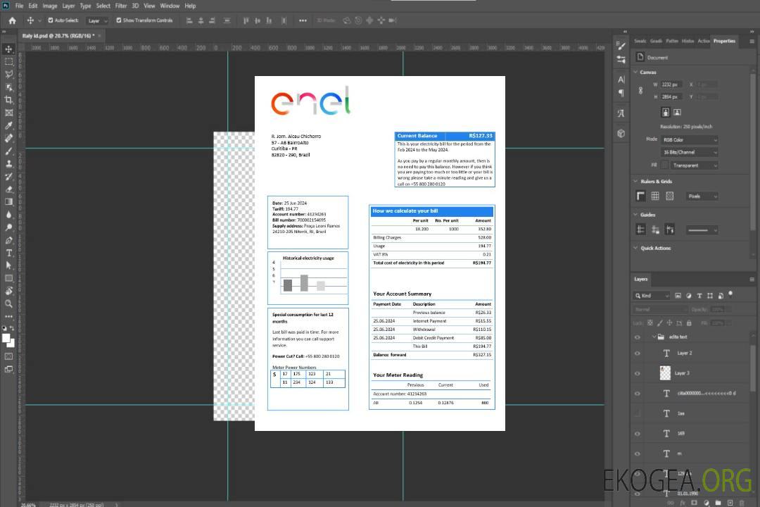 Modèle de facture de services publics d'électricité du Brésil ENEL au format Word et PDF template